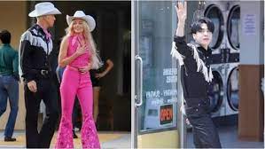 After getting Ken’s guitar from Ryan Gosling, Jimin responds, comments on their comparable attire in the PTD music video, and mentions Barbie